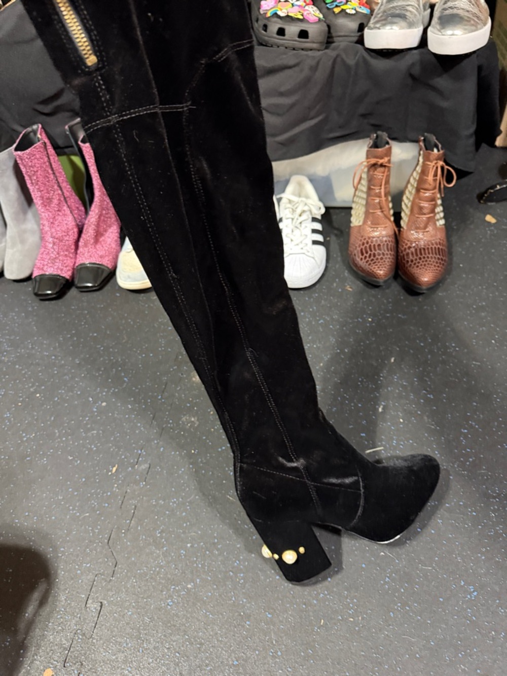Over The Knee Velvet Black Boots With Pearled Heel